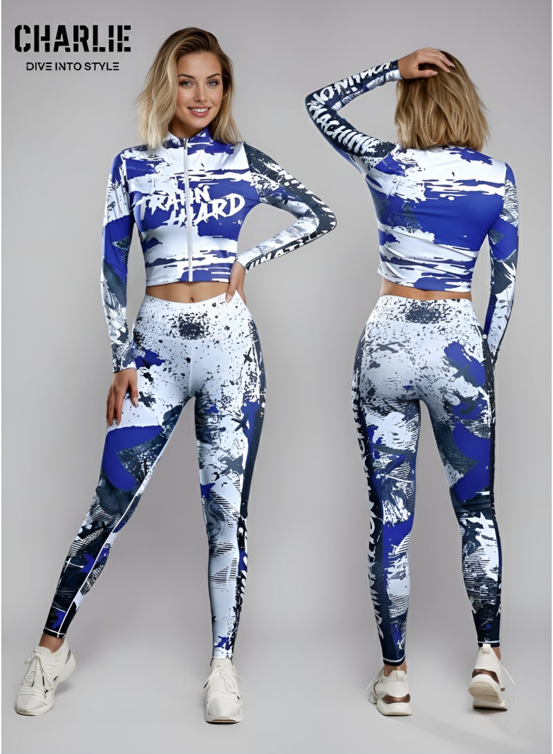 شارلي طقم رياضي نسائي حصري مكون من قطعتين - جاكيت رياضي مطبوع باللونين الأزرق والأبيض وبنطال ضيق بخصر عالٍ - ملابس رياضية، ملابس رياضية، ملابس يوغا وملابس رياضية - مقاس متوسط - الكمية محدودة - Image 1