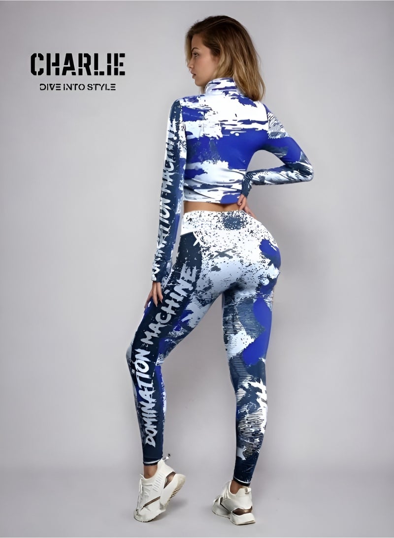 شارلي طقم رياضي نسائي حصري مكون من قطعتين - جاكيت رياضي مطبوع باللونين الأزرق والأبيض وبنطال ضيق بخصر عالٍ - ملابس رياضية، ملابس رياضية، ملابس يوغا وملابس رياضية - مقاس متوسط - الكمية محدودة - Image 5