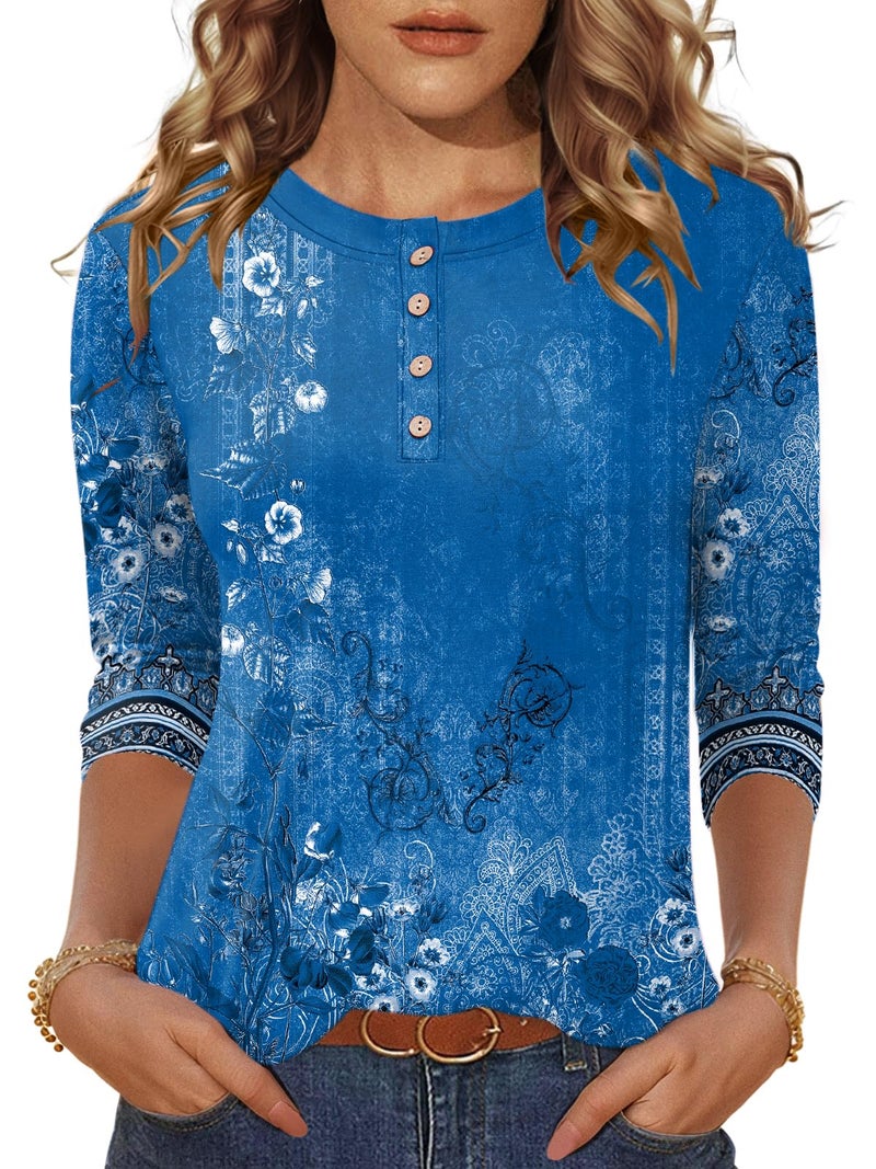 LOMON 3/4 Sleeve Tops for Women Round Neck Spring Fashion Tunic Cute Floral Business Casual Clothes(Lake Blue Print,XL) - Image 2