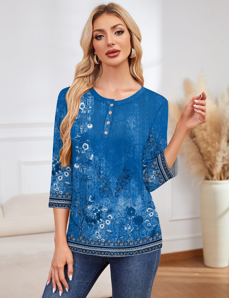 LOMON 3/4 Sleeve Tops for Women Round Neck Spring Fashion Tunic Cute Floral Business Casual Clothes(Lake Blue Print,XL) - Image 3