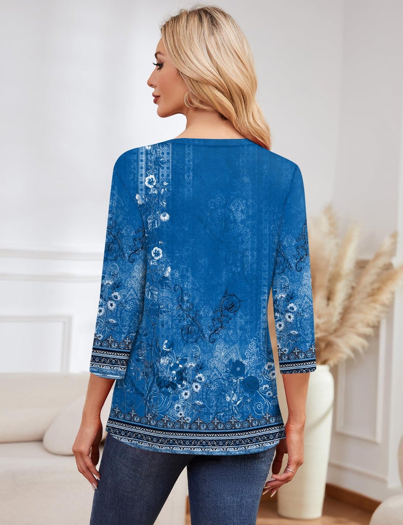 LOMON 3/4 Sleeve Tops for Women Round Neck Spring Fashion Tunic Cute Floral Business Casual Clothes(Lake Blue Print,XL) - Image 5