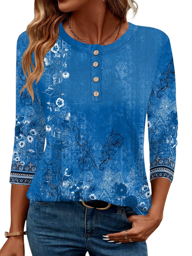 LOMON 3/4 Sleeve Tops for Women Round Neck Spring Fashion Tunic Cute Floral Business Casual Clothes(Lake Blue Print,XL) - Image 1