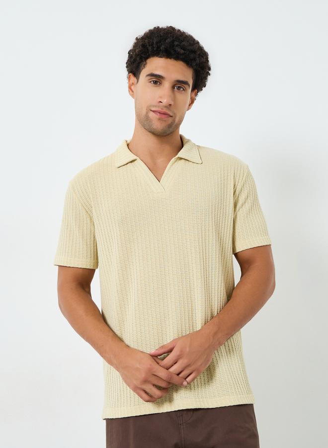 Styli Men Relaxed Mock Open Collar Textured Mesh Polo - Image 1