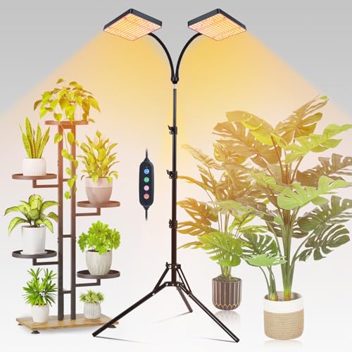 FECiDA 2026 2Head Grow Light with Stand, 50 Watt Power Draw, Bright and Big Coverage Grow Lights for Large Houseplants, Bonsai Tree, 4/8/12/16/20 Hr Timer, 24"-64" Height Adjustable, 360° Gooseneck - Image 1