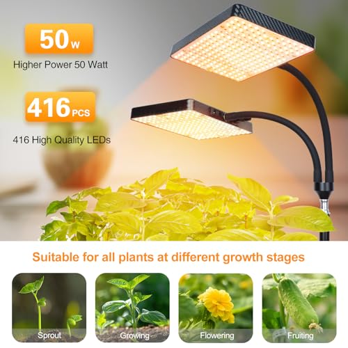 FECiDA 2026 2Head Grow Light with Stand, 50 Watt Power Draw, Bright and Big Coverage Grow Lights for Large Houseplants, Bonsai Tree, 4/8/12/16/20 Hr Timer, 24"-64" Height Adjustable, 360° Gooseneck - Image 2