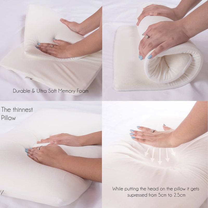 SPREAD SPAIN SPREAD SPAIN® Memory Foam Ultra Slim Flat Pillow 42x64 cm White and Dual-Sided Memory Foam Pillow, Anti-Bacterial and Hypoallergenic, Excellent for Stomach Sleeping  - Image 4