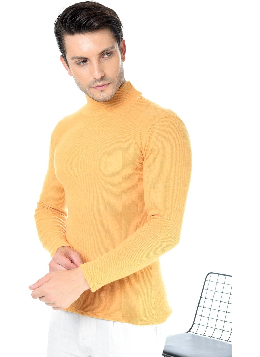 Belifanti Collection Men's Yellow Half Turtleneck Slim Fit Sweater  - Image 1