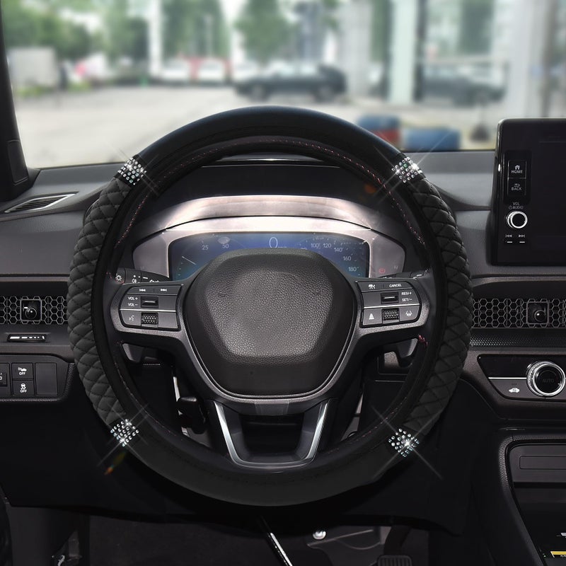Tecledsn Bling Soft Leather Steering Wheel Cover 15 Inch Colorful Rhinestones Auto Elastic Steering Wheel Protector for Women Girls Car Accessories Anti Slip Steering Wheel Cover for Cars SUVs Black - Image 3
