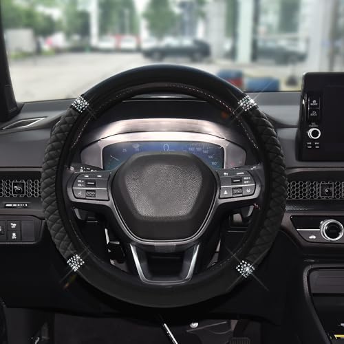 Tecledsn Bling Soft Leather Steering Wheel Cover 15 Inch Colorful Rhinestones Auto Elastic Steering Wheel Protector for Women Girls Car Accessories Anti Slip Steering Wheel Cover for Cars SUVs Black - Image 1