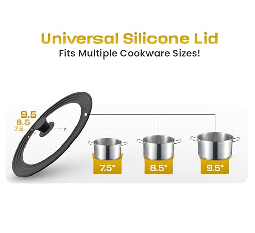 LSR Loreso Universal Pan Lid for Pots Pans and Skillets 7.5-9.5 Inch - Tempered Glass Pot Lid with Auto-Sizing Silicone Rim - Black - Image 2