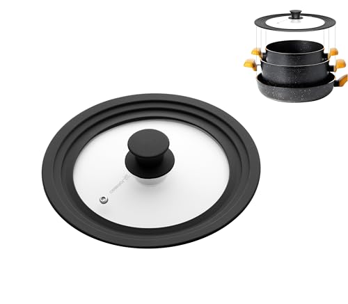 LSR Loreso Universal Pan Lid for Pots Pans and Skillets 7.5-9.5 Inch - Tempered Glass Pot Lid with Auto-Sizing Silicone Rim - Black - Image 1