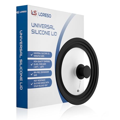 LSR Loreso Universal Pan Lid for Pots Pans and Skillets 7.5-9.5 Inch - Tempered Glass Pot Lid with Auto-Sizing Silicone Rim - Black - Image 5