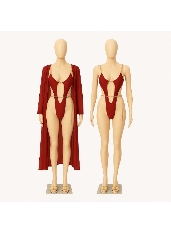 Women's Premium Butter Fabric Two Piece Lingerie Set with Sheer Long Sleeve Robe, Deep V Cut Bodysuit, Soft Stretch Nightwear, Lightweight Sleepwear and Sensual Lounge Outfit for Women up to 80 KG