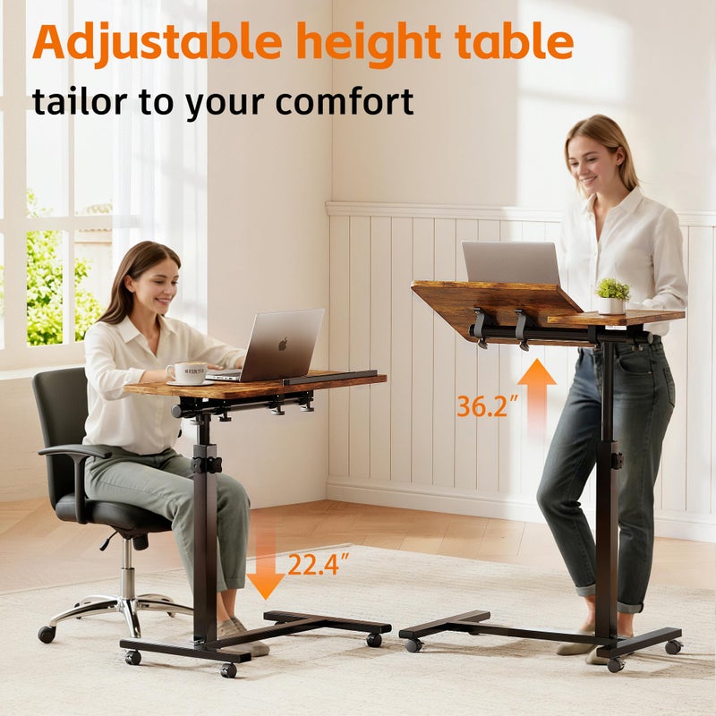 LINGMI Overbed Bedside Desk Mobile Rolling Laptop Stand Tilting Overbed Table with Wheels Height Adjustable Tray Table for Laptop Bed Sofa Side Table - Image 3