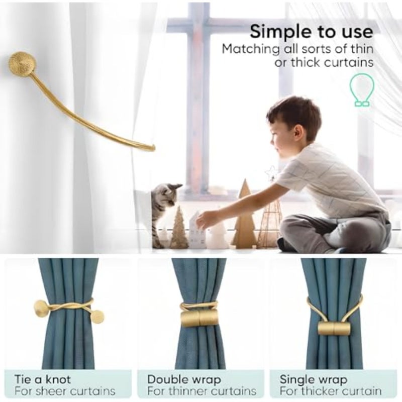Gold Magnetic Curtain Holdbacks 2 Pack, Adjustable and Reusable for Sheer or Blackout Drapes, Decorative Tieback for Living Room, Bedroom - Image 3