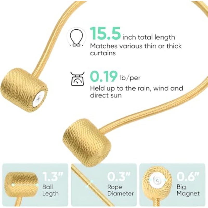 Gold Magnetic Curtain Holdbacks 2 Pack, Adjustable and Reusable for Sheer or Blackout Drapes, Decorative Tieback for Living Room, Bedroom - Image 2