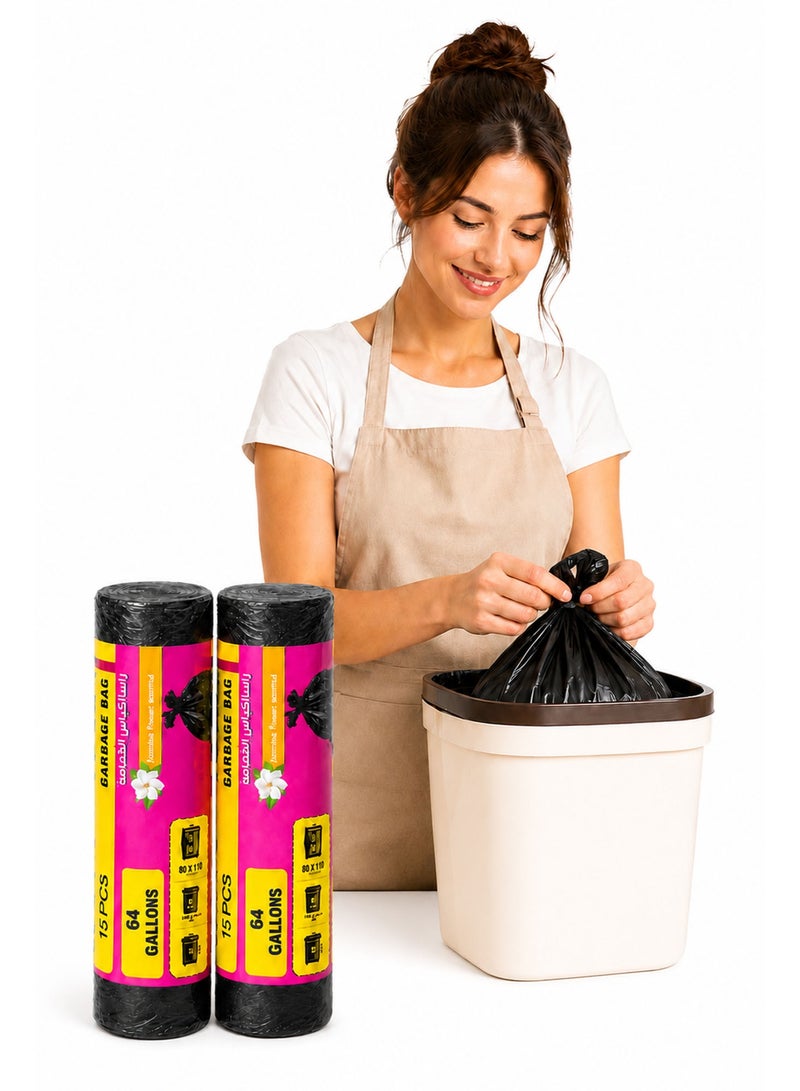 Jasmine Scented Garbage Bags 64 Gallons, 2 Rolls (30 Bags Total), 80 × 110cm Heavy Duty Leak-Proof Trash Bags for Kitchen, Home, Office & Outdoor Waste Disposal - Image 1