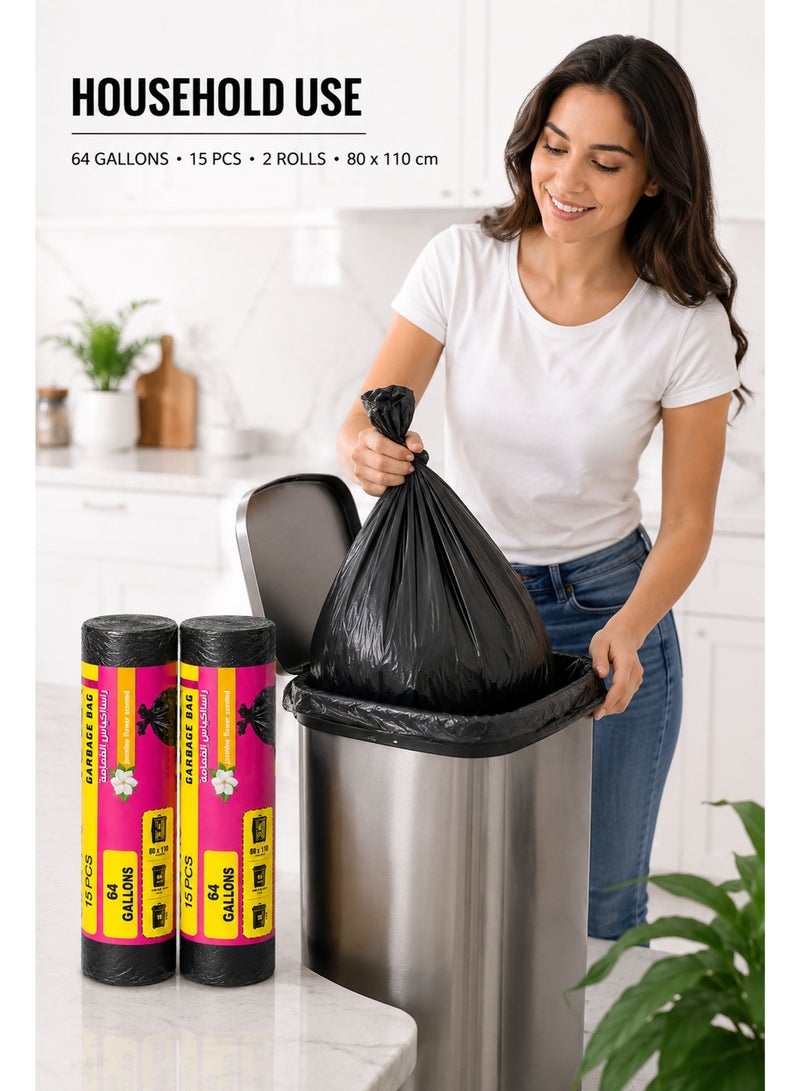 Jasmine Scented Garbage Bags 64 Gallons, 2 Rolls (30 Bags Total), 80 × 110cm Heavy Duty Leak-Proof Trash Bags for Kitchen, Home, Office & Outdoor Waste Disposal - Image 4