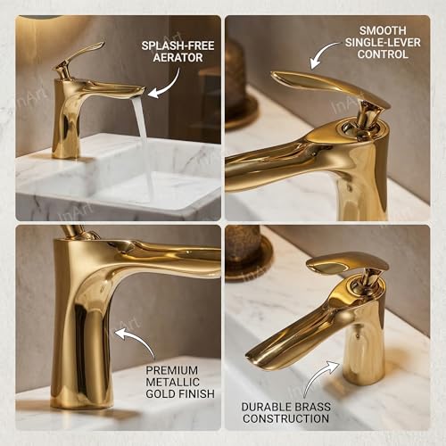 InArt Single Lever Basin Mixer Taps for Bathroom Brass (Gold) - Image 3