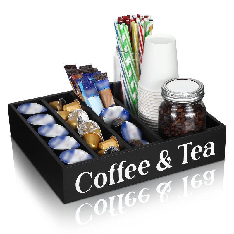 Soaoo Coffee Station Organizer Wooden Coffee and Tea Holder Countertop Accessories with 4 Removable Dividers Condiment Organizer Adjustable Cafe Pod Holder Home Office Bar Kitchen