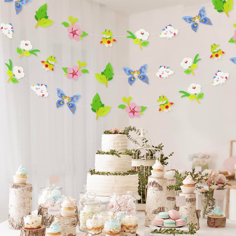 Vomika 2PCS Flower Butterfly Banner Floral Butterflies Party Decorations Reusable Paper Fairy Wildflower Garland for Birthday Baby Shower Wedding Backdrop Tea Party Supplies Home Decor