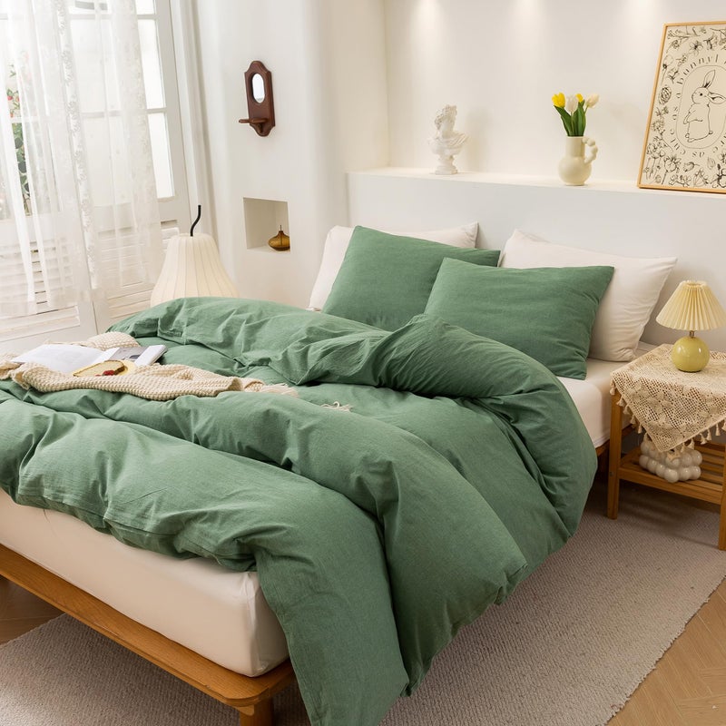 ECOCOTT Sage Green Duvet Cover Full Size  100% Washed Cotton 3-Piece Bedding Set - Ultra Soft  Breathable & Easy Care with Zipper Closure and 2 Pillowcases (No Comforter) - Image 5