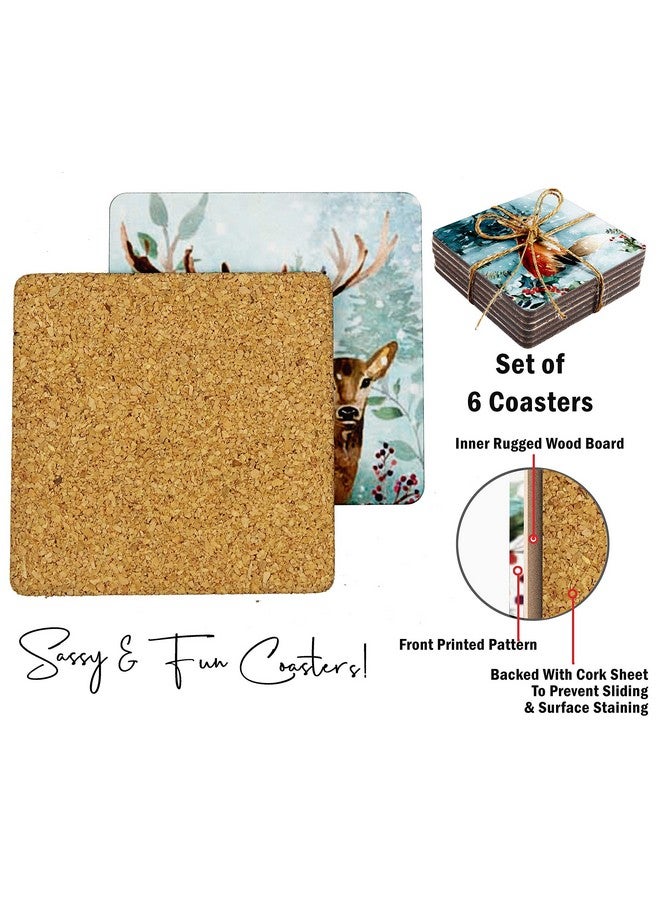 Inkdotpot Set of 6 Drink Coasters Decorative Non,Slip Cork Base 4-inch Square Printed Coasters Easy Clean- Winter Wonderland - Image 4