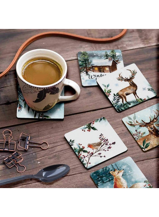 Inkdotpot Set of 6 Drink Coasters Decorative Non,Slip Cork Base 4-inch Square Printed Coasters Easy Clean- Winter Wonderland - Image 3