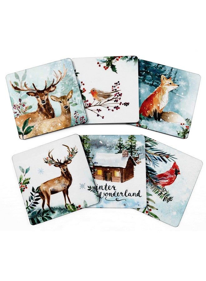 Inkdotpot Set of 6 Drink Coasters Decorative Non,Slip Cork Base 4-inch Square Printed Coasters Easy Clean- Winter Wonderland - Image 1