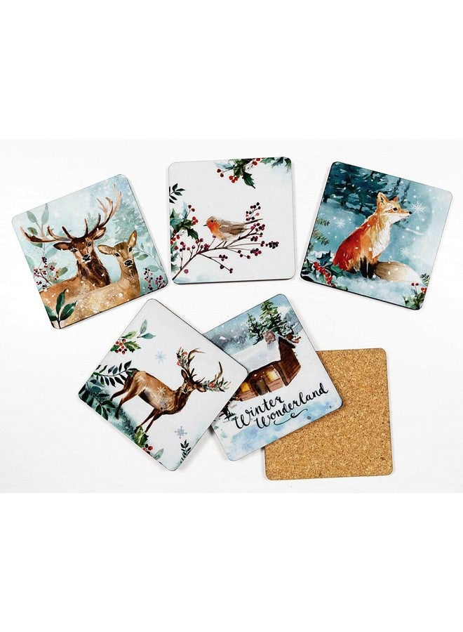 Inkdotpot Set of 6 Drink Coasters Decorative Non,Slip Cork Base 4-inch Square Printed Coasters Easy Clean- Winter Wonderland - Image 2