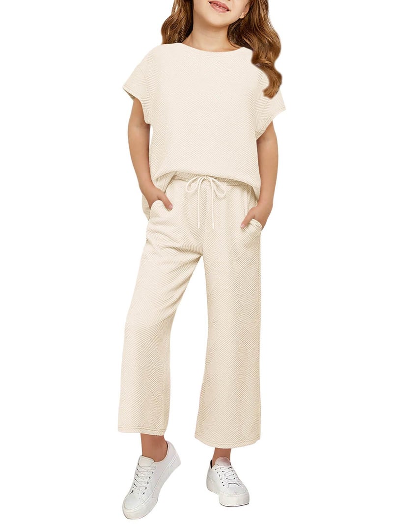 Haloumoning Girls' Clothing Sets Kids Fashion Short Sleeve Crew Neck Tops Wide Leg Pants Sweatsuit with Pocket 5-14Y - Image 1