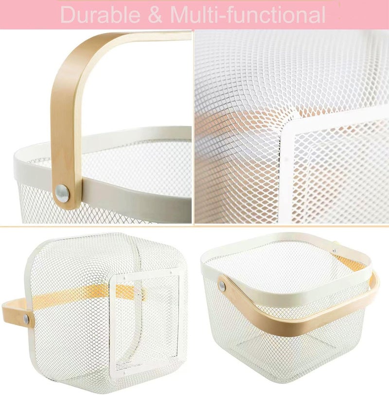 AJIODA Metal Mesh Steel Basket, Multi-functional Hanging Kitchen Baskets Fruit Basket Bin with Bamboo Handle, Beige - Image 3