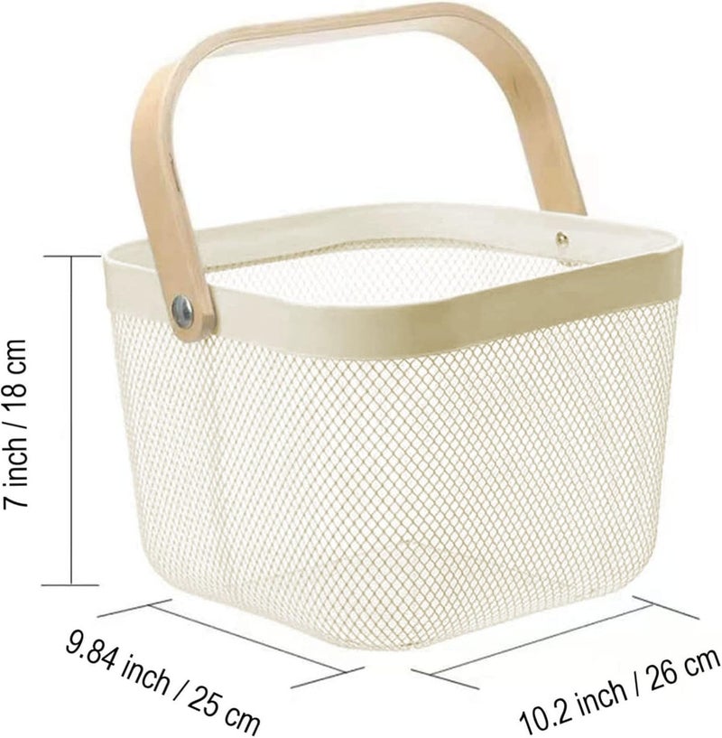 AJIODA Metal Mesh Steel Basket, Multi-functional Hanging Kitchen Baskets Fruit Basket Bin with Bamboo Handle, Beige - Image 4