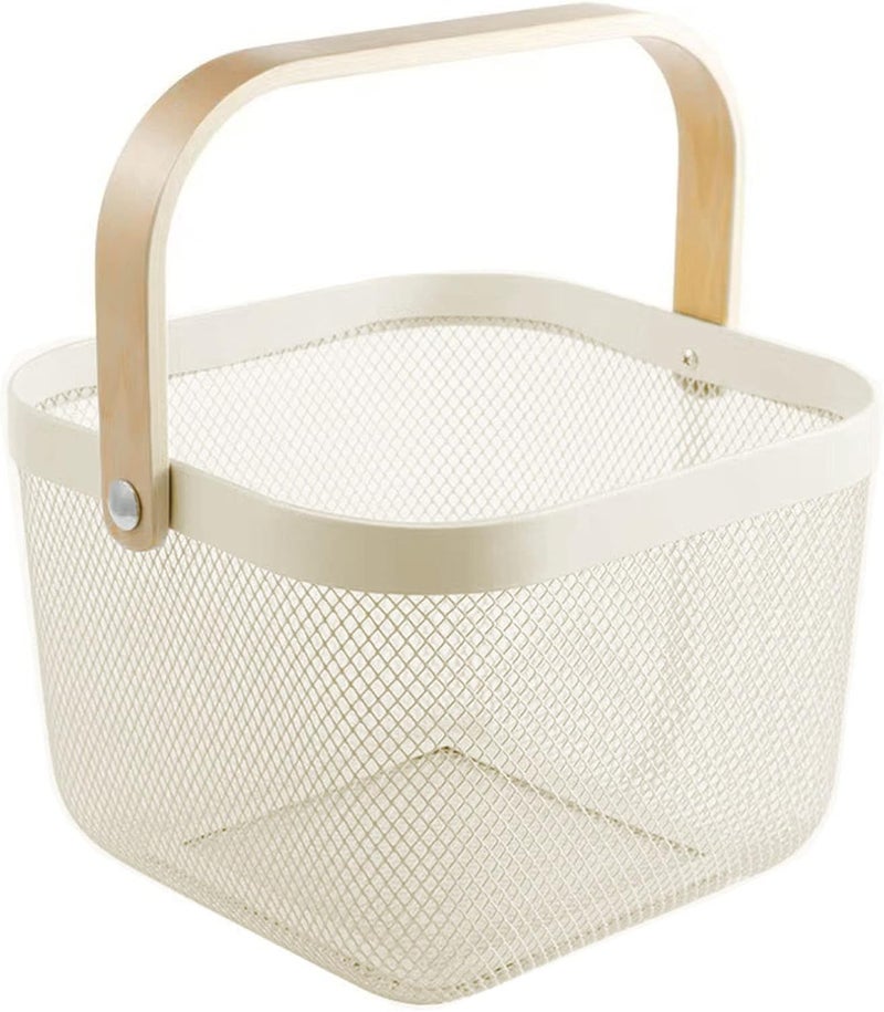 AJIODA Metal Mesh Steel Basket, Multi-functional Hanging Kitchen Baskets Fruit Basket Bin with Bamboo Handle, Beige - Image 1
