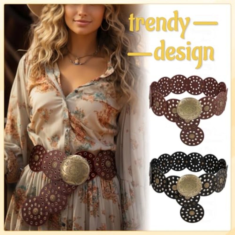 2 Pcs Western Belts for Woman, Adjustable Vintage Concho Disc Waist Belts for Boho Country Concert Rodeo Festival - Image 4