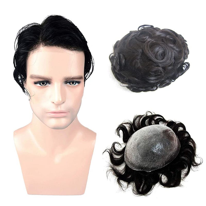 Amiable Toupee for Men, Mens Hairpieces Human Hair Mens Wig Human Hair Replacement System Vlooped 0.04mm PU Thin Skin Black Male Hair Units mens toupee huaman hair (vloop0.04-0.06mm, #1B)