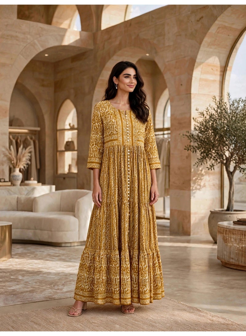 IKKXA Vintage Geometric Pattern Tiered Jalabiya IKTT38Yellow - Image 1