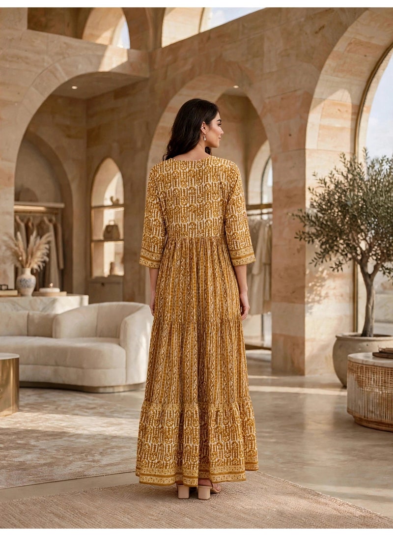 IKKXA Vintage Geometric Pattern Tiered Jalabiya IKTT38Yellow - Image 5