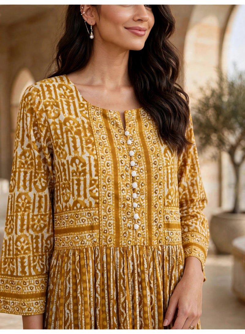 IKKXA Vintage Geometric Pattern Tiered Jalabiya IKTT38Yellow - Image 2
