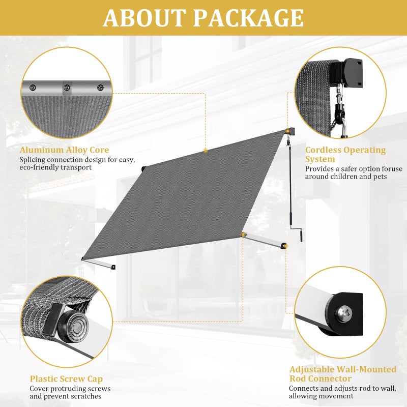Shade&Beyond 120" X 96" Manual Retractable Awnings for Patio Shades Roll Up Outdoor Sunshade Cloth for Backyard, Garden, Balcony, Grey - Image 3