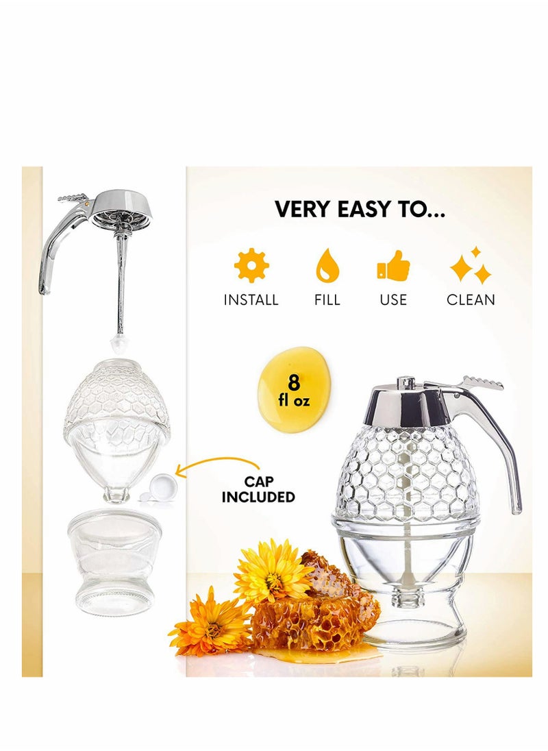 SYOSI - Honey Pot Honey Dispenser No Drip Glass Bottom Flow Honey Dispense Maple Syrup Dispenser Glass Beautiful Honey Comb Shaped Honey Pot Honey Jar with Stand Great Bee Decor for Syrup Sauces - Image 1