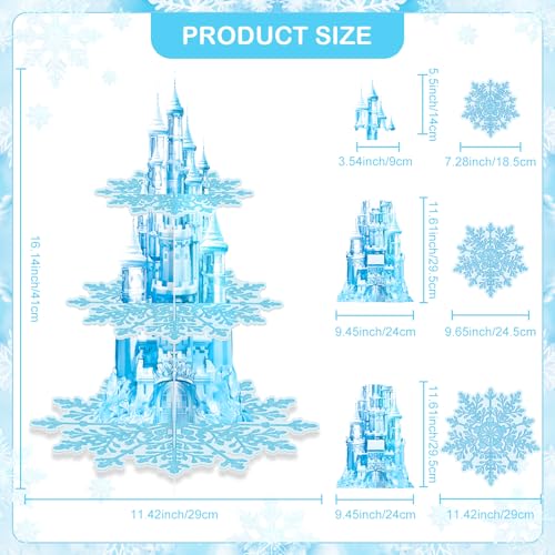 BACUTHY 2 Pack Cupcake Stands Frozen Birthday Party Decorations: 3-Tier Snowflake Winter Wonderland Theme Cupcake Holders for Girls Kids Princess Party Favors, Blue Castle Toppers Cup Cake Tower Stand - Image 2