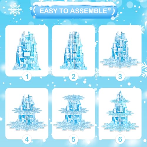 BACUTHY 2 Pack Cupcake Stands Frozen Birthday Party Decorations: 3-Tier Snowflake Winter Wonderland Theme Cupcake Holders for Girls Kids Princess Party Favors, Blue Castle Toppers Cup Cake Tower Stand - Image 3