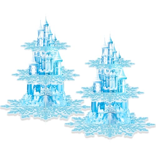 BACUTHY 2 Pack Cupcake Stands Frozen Birthday Party Decorations: 3-Tier Snowflake Winter Wonderland Theme Cupcake Holders for Girls Kids Princess Party Favors, Blue Castle Toppers Cup Cake Tower Stand - Image 1