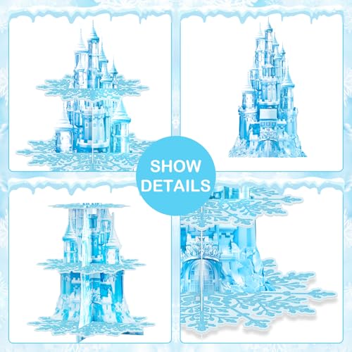 BACUTHY 2 Pack Cupcake Stands Frozen Birthday Party Decorations: 3-Tier Snowflake Winter Wonderland Theme Cupcake Holders for Girls Kids Princess Party Favors, Blue Castle Toppers Cup Cake Tower Stand - Image 4