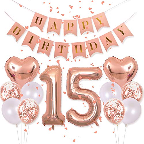 EASUTE 40Inch 15 Balloons Number Birthday Decorations 15th Birthday Decorations for Girls with Rose Gold Banner Confetti Balloons 1 in Diameter Heart Confetti for 15 Birthday Party Supplies Photo Props - Image 1