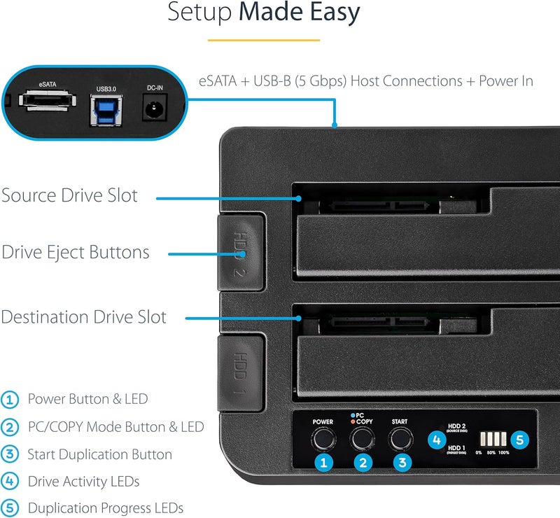 ستار تك .com ناسخ أقراص صلبة مستقل، مزدوج الفتحات خارجي USB 3.0 (5 جيجابت/ثانية) / eSATA إلى 2.5/3.5 بوصة SATA III HDD/SSD ناسخ/ناسخ، محطة إرساء للأقراص الصلبة، استنساخ/استعادة (SDOCK2U33RE)، أسود - Image 4