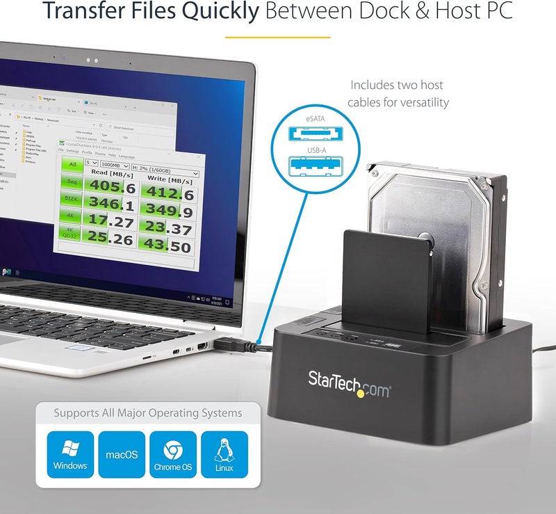 ستار تك .com ناسخ أقراص صلبة مستقل، مزدوج الفتحات خارجي USB 3.0 (5 جيجابت/ثانية) / eSATA إلى 2.5/3.5 بوصة SATA III HDD/SSD ناسخ/ناسخ، محطة إرساء للأقراص الصلبة، استنساخ/استعادة (SDOCK2U33RE)، أسود - Image 5