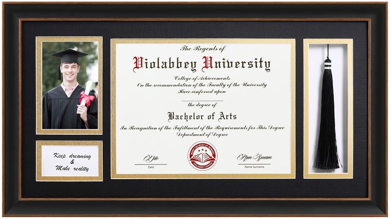 VIOLABBEY Black Diploma Frame with Tassel Holder for 85x11 Certificates Document and 4x6 Graduation Pictures College Degree Frame for Wall Mounted Black Gold Double Mat