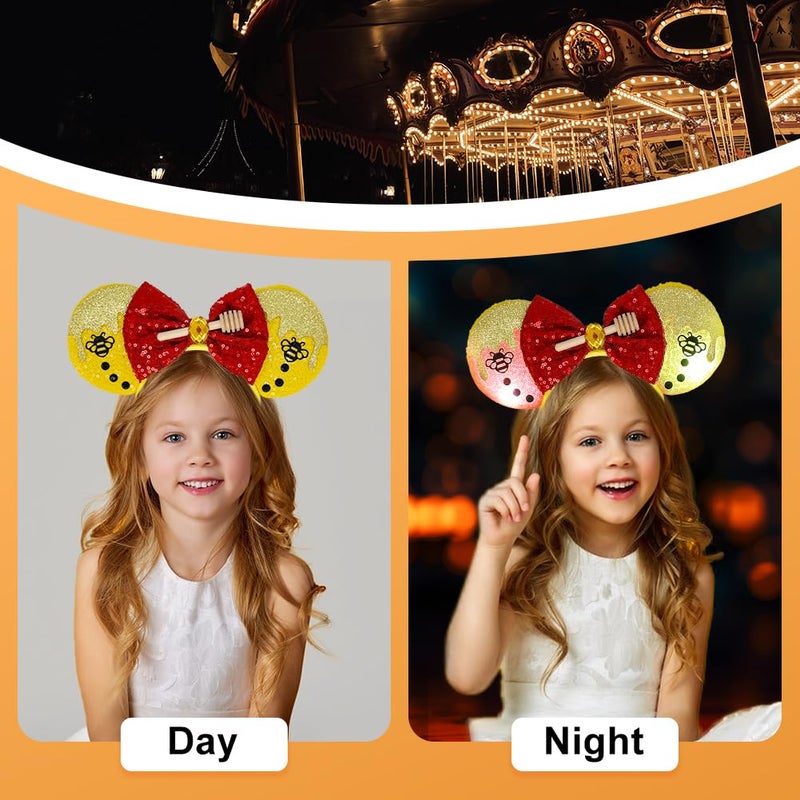 Tarocynn 2 PCS Mouse Ears Headbands with LED Light Sequin Bear Piggy Headbands Park Ears for Party Favors Cosplay Costumes Accessories (Bear & Pig) - Image 2